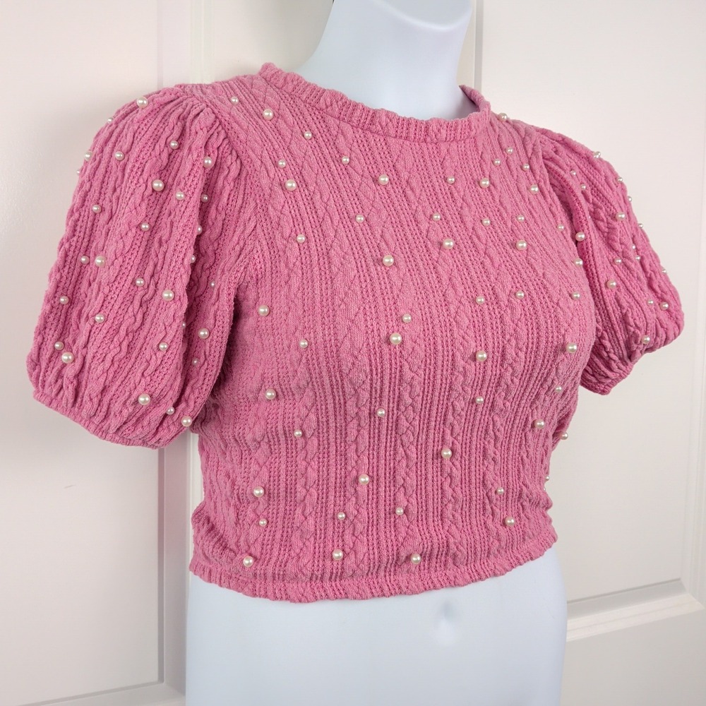 Coquette Girl Pink‎ Cable Knit Puff Sleeve Sweater Top Short Sleeve Size Small